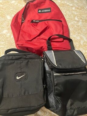 Red Backpack - Classic Everest Men’s Bag, plus two lunch bags, Nike and Gemline.